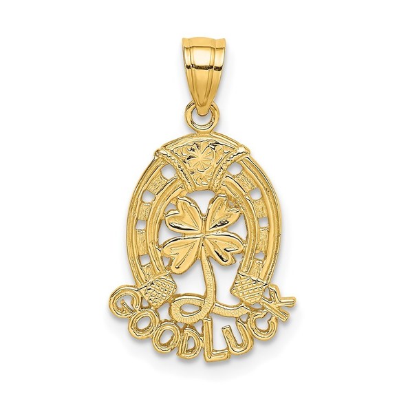 14k Yellow Gold GOOD LUCK Equestrian Horseshoe and Clover Necklace Charm Pendant
